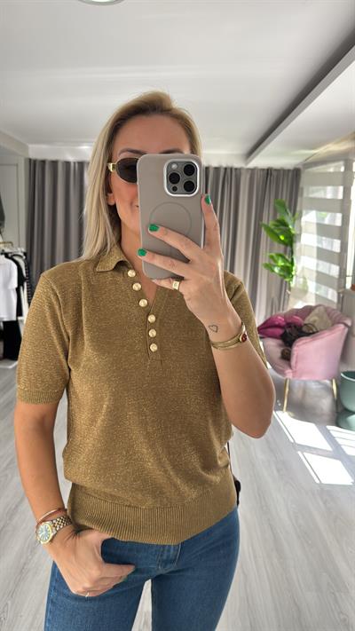 Gold Düğmeli Simli Polo Yaka Haki Triko