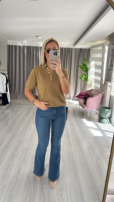 Gold Düğmeli Simli Polo Yaka Haki Triko