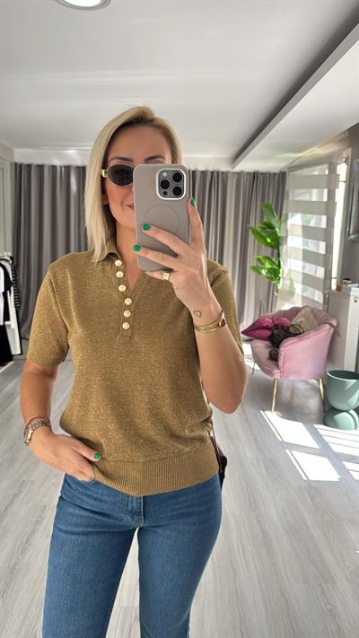 Gold Düğmeli Simli Polo Yaka Haki Triko