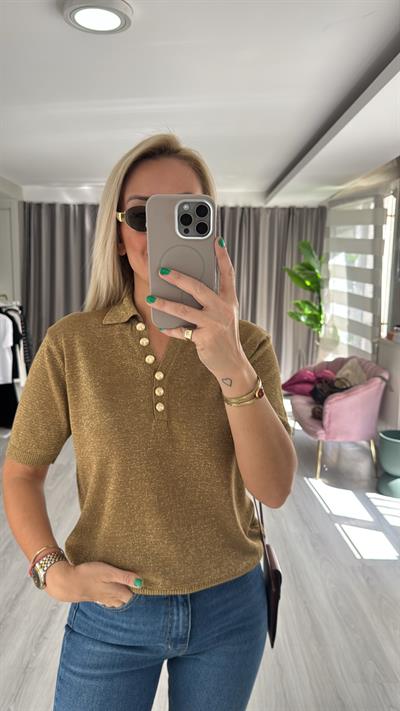 Gold Düğmeli Simli Polo Yaka Haki Triko
