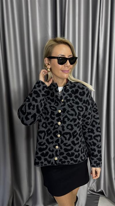 Gold Düğmeli Siyah Leopar Desenli Gri Triko Ceket