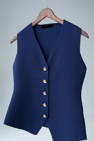 Gold Düğmeli V Yaka Lacivert Triko Yelek