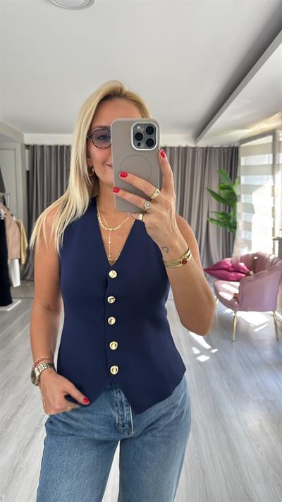 Gold Düğmeli V Yaka Lacivert Triko Yelek