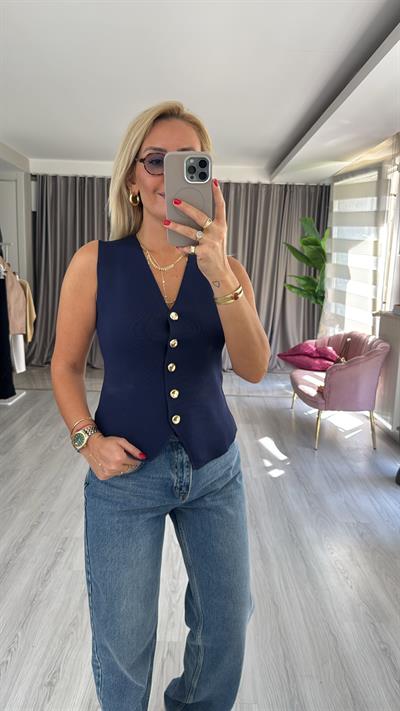 Gold Düğmeli V Yaka Lacivert Triko Yelek