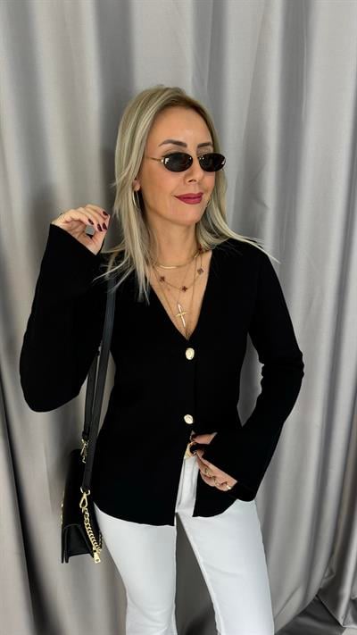 Gold Düğmeli V Yaka Siyah Triko Hırka 