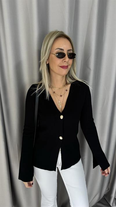 Gold Düğmeli V Yaka Siyah Triko Hırka 