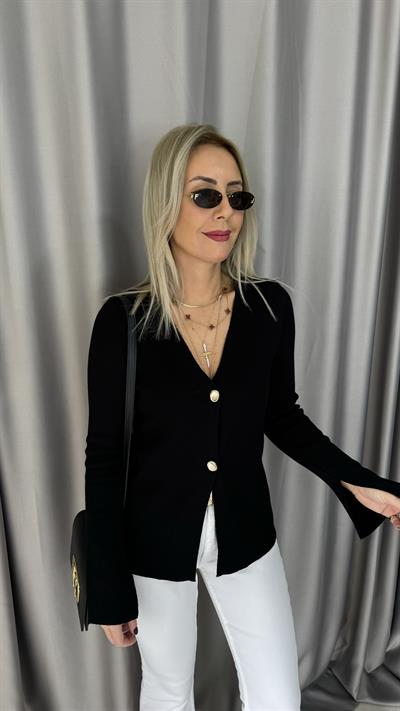 Gold Düğmeli V Yaka Siyah Triko Hırka 