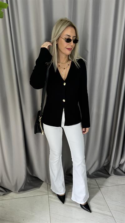 Gold Düğmeli V Yaka Siyah Triko Hırka 