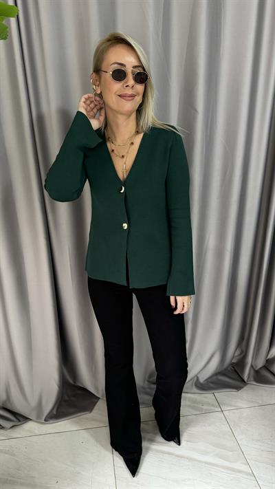Gold Düğmeli V Yaka Zümrüt Yeşili Triko Hırka
