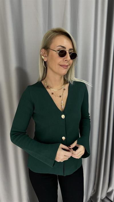 Gold Düğmeli V Yaka Zümrüt Yeşili Triko Hırka