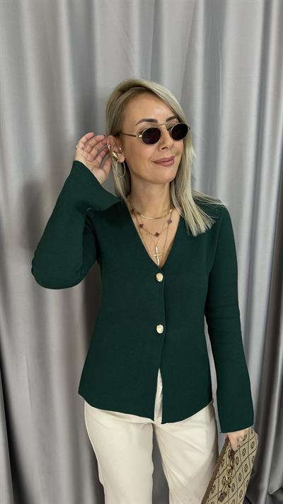 Gold Düğmeli V Yaka Zümrüt Yeşili Triko Hırka