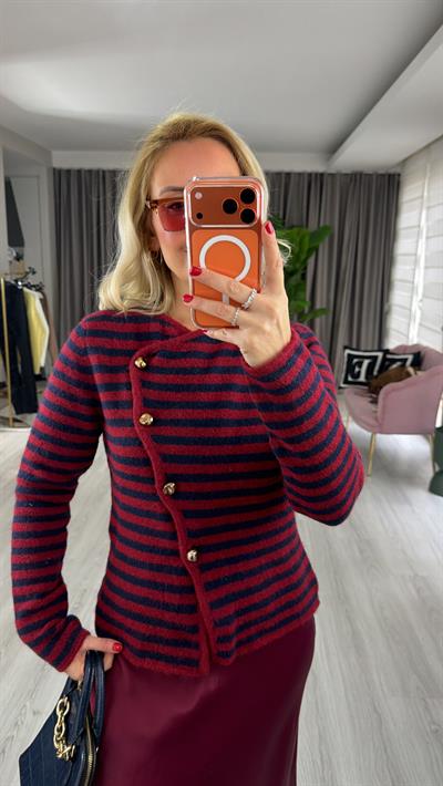 Gold Düğmeli Yaka Detaylı Lacivert Çizgili Bordo Triko