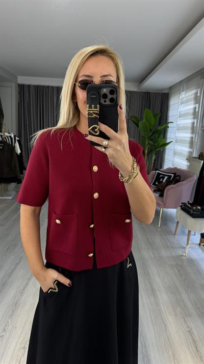 Gold Düğmeli Yarım Kol Bordo Triko