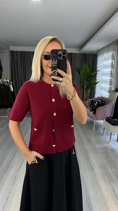 Gold Düğmeli Yarım Kol Bordo Triko