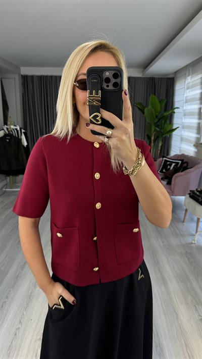 Gold Düğmeli Yarım Kol Bordo Triko