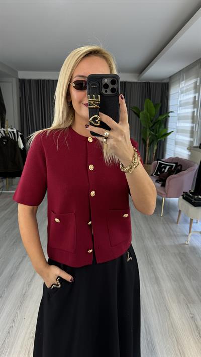 Gold Düğmeli Yarım Kol Bordo Triko