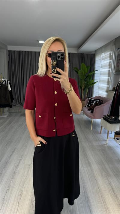 Gold Düğmeli Yarım Kol Bordo Triko