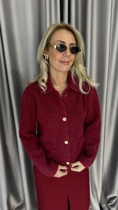 Gold Düğmeli ZigZag Desen Bordo Triko Ceket