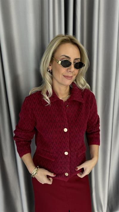 Gold Düğmeli ZigZag Desen Bordo Triko Ceket