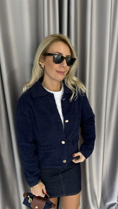 Gold Düğmeli ZigZag Desen Lacivert Triko Ceket
