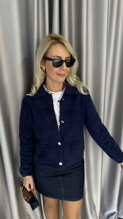 Gold Düğmeli ZigZag Desen Lacivert Triko Ceket