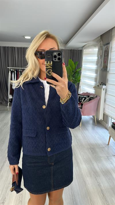 Gold Düğmeli ZigZag Desen Lacivert Triko Ceket