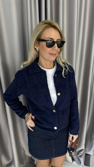 Gold Düğmeli ZigZag Desen Lacivert Triko Ceket