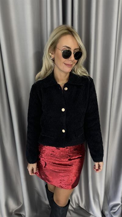 Gold Düğmeli ZigZag Desen Siyah Triko Ceket