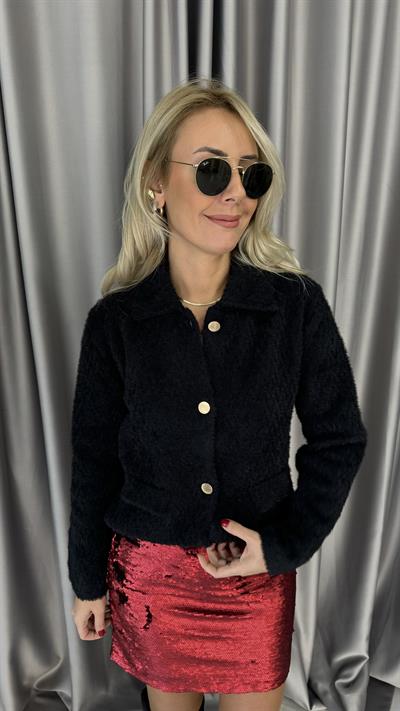 Gold Düğmeli ZigZag Desen Siyah Triko Ceket