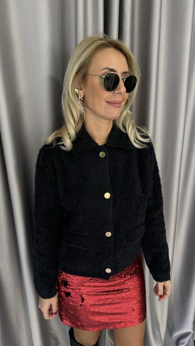 Gold Düğmeli ZigZag Desen Siyah Triko Ceket