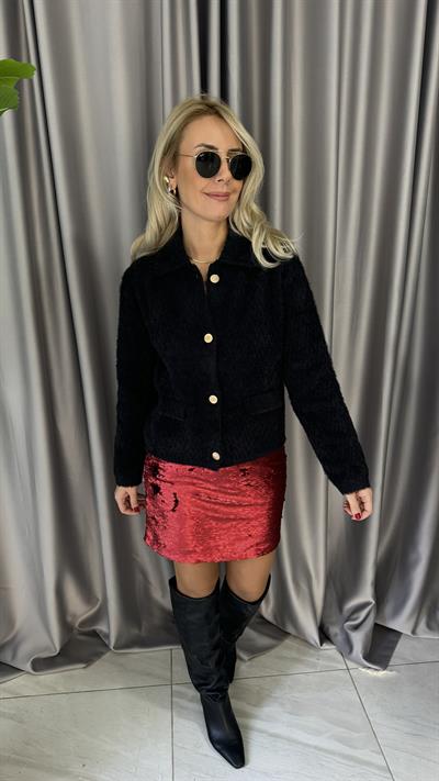 Gold Düğmeli ZigZag Desen Siyah Triko Ceket