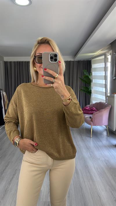 Gold Simli Uzun Kol Haki Triko