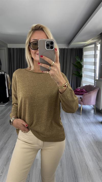 Gold Simli Uzun Kol Haki Triko