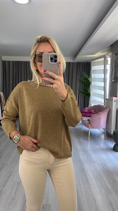 Gold Simli Uzun Kol Haki Triko