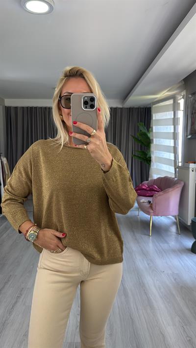 Gold Simli Uzun Kol Haki Triko