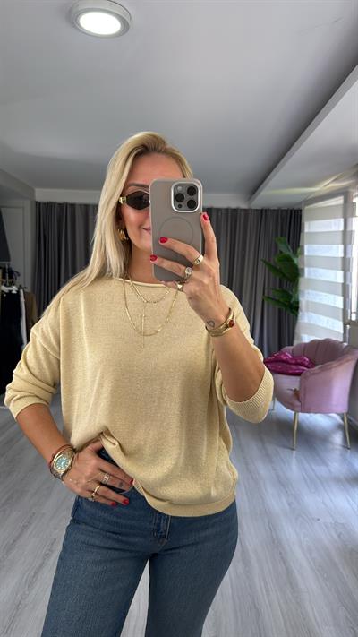 Gold Simli Uzun Kol Sarı Triko