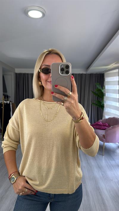 Gold Simli Uzun Kol Sarı Triko