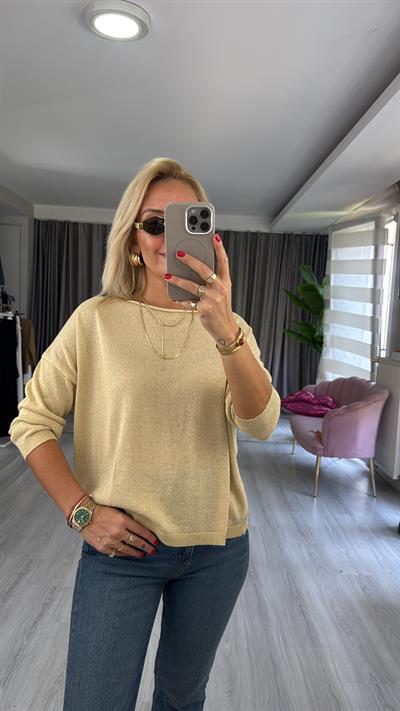 Gold Simli Uzun Kol Sarı Triko