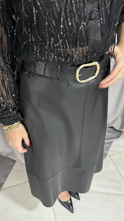 Gold Toka Kemerli Siyah Deri Etek