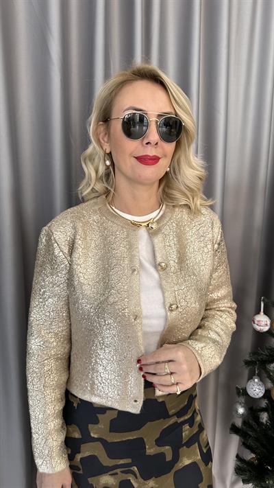 Gold Varaklı Teddy Triko Ceket