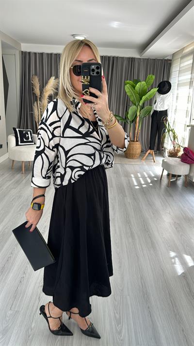 GÖMLEK DETAYLI SİYAH TENCEL ELBİSE