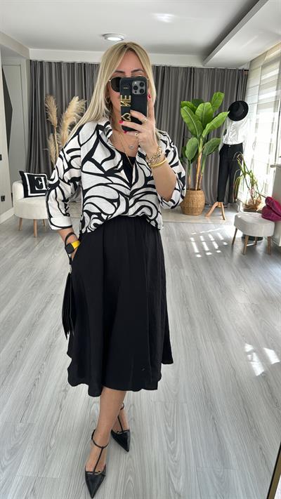 GÖMLEK DETAYLI SİYAH TENCEL ELBİSE