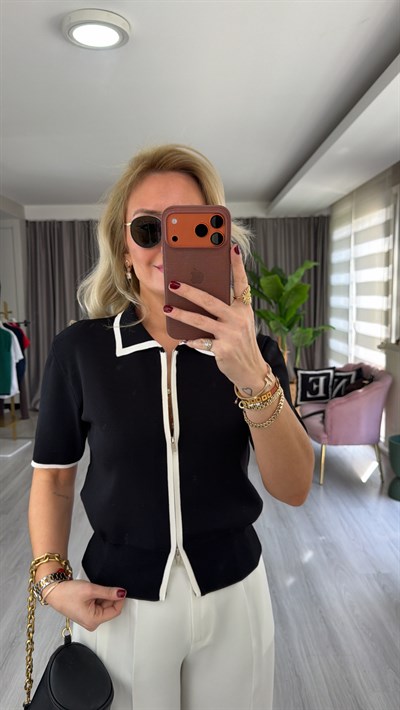 Gömlek Yaka Ekru Şeritli Siyah Kısa Kol Triko Ceket