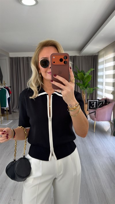 Gömlek Yaka Ekru Şeritli Siyah Kısa Kol Triko Ceket