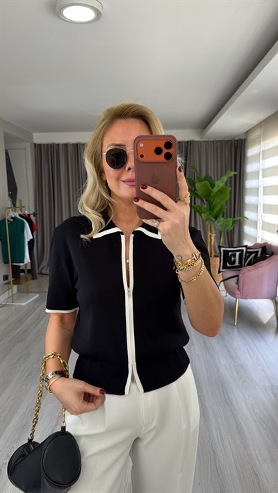 Gömlek Yaka Ekru Şeritli Siyah Kısa Kol Triko Ceket