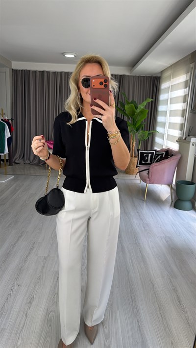 Gömlek Yaka Ekru Şeritli Siyah Kısa Kol Triko Ceket