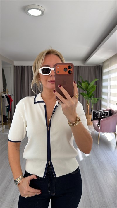 Gömlek Yaka Lacivert Şeritli Ekru Kısa Kol Triko Ceket