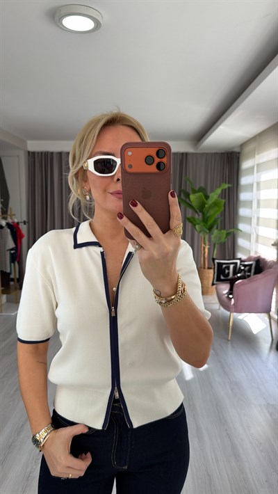 Gömlek Yaka Lacivert Şeritli Ekru Kısa Kol Triko Ceket
