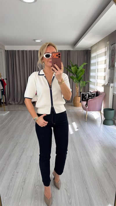 Gömlek Yaka Lacivert Şeritli Ekru Kısa Kol Triko Ceket