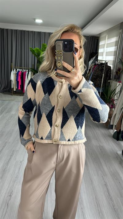 GRİ BEJ, BAKLAVA DESENLİ, TRİKO HIRKA